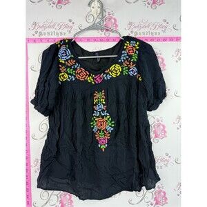 Kas designs tshirt flowers Black Embroidered Floral Peasant Blouse - Women